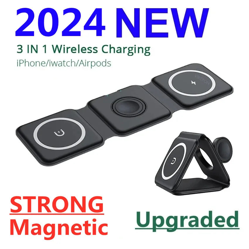 3 in 1 Magnetic Wireless Charger Pad Stand Foldable for Iphone 15 14 13 12 11 Apple Watch Airpods 15W Fast Charging Dock Station